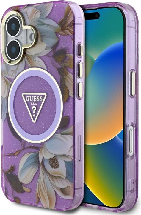 Immagine prodotto Guess Glitter Flowers Triangle Buttons MagSafe Case for iPhone 16 Purple (Apple iPhone 16)