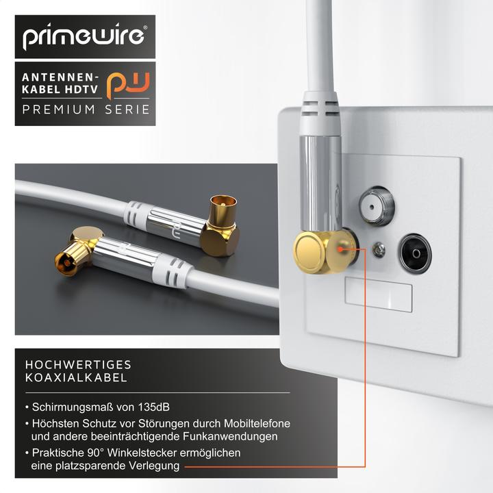 Image du produit Primewire Câble d'antenne coudé à 90° | Câble coaxial HDTV Premium 135dB / 75 Ohm | FullHD / 4k Ultra HD (85 dB, Câble d'antenne)