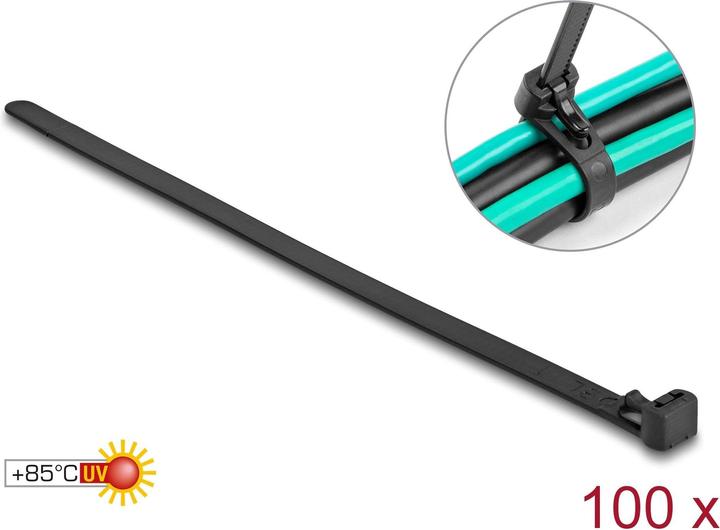 Produktbild Delock Kabelbinder wiederverwendbar hitzebeständig L 200 x B 7,5 mm 100 Stück schwarz (Kunststoffkabelbinder, 200 mm, 100 Stk.)