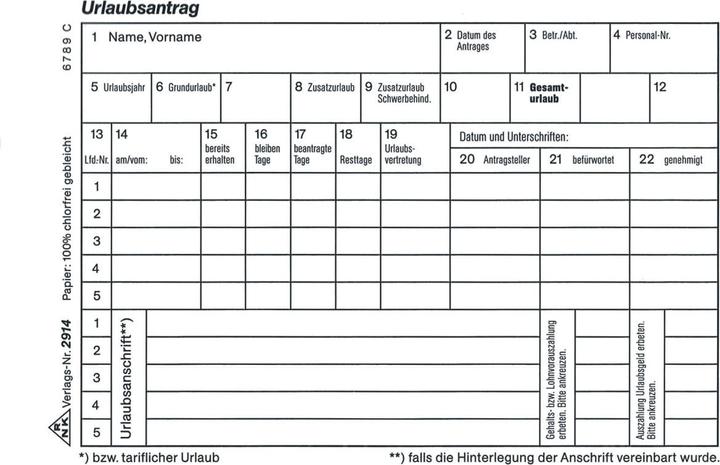 Valeurs nutritives et ingrédients Rnk Éditeur Formulaire "Demande de congé et d'exemption (50 x)