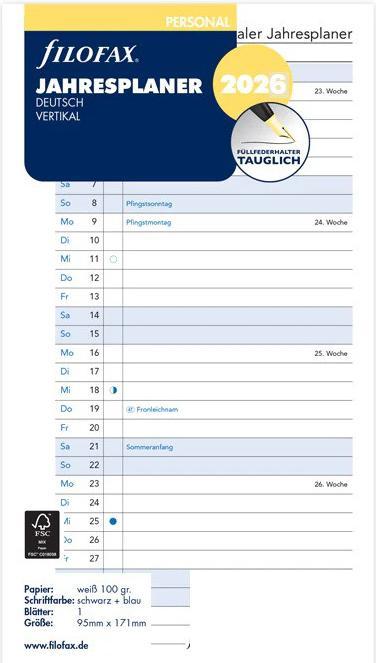 Filofax PE PLAN ANNUEL 2026 VERTICAL (Non contraignant, Allemand)