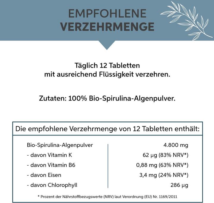 Valori nutrizionali e ingredienti Eltabia Compresse di spirulina organica | Qualità premium di cibo crudo (250 Pezzo/i, Pillole)