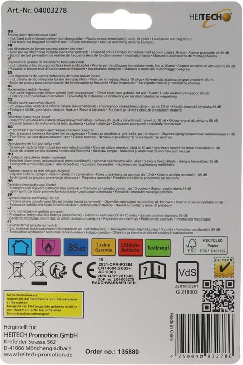 Actual product image Heitech Smoke detector Long life incl. lithium battery 85dB