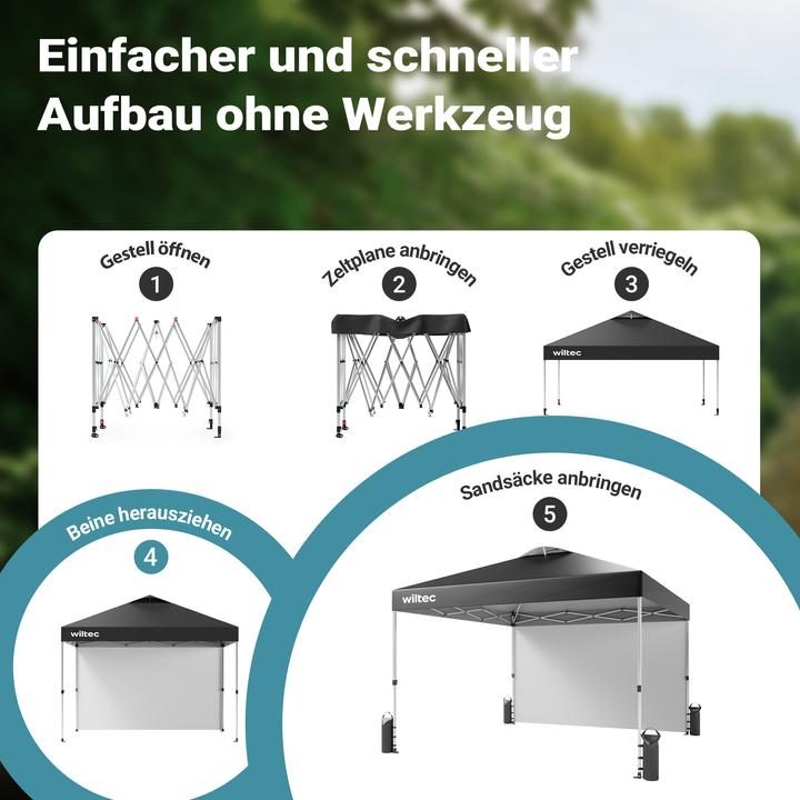 Produktbild Wiltec Pop up Pavillon 3x3m grau Seitenteil Räder Gartenpavillon Faltpavillon (300 cm, 300 cm)