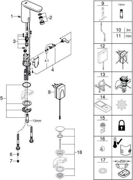 Actual product image Grohe Eurosmart CE infrared washbasin faucet with temperature control, mains operated