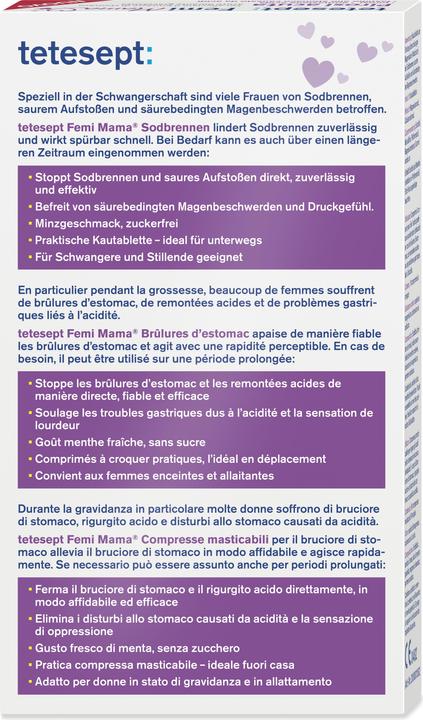 Nährwerte und Zutaten Tetesept Femi Mama Sodbrennen Kautabletten (10 Stück, 10 ml, 33 g)
