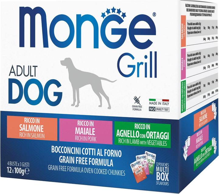 Produktbild Monge Grill Dog Salmon,Pork,Lamb 12x100g (Adult, 12 Stk., 1200 g)