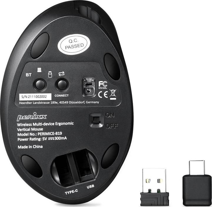 Produktbild Perixx PERIMICE-819, ergonimische vertikale Maus, silent click, Multi-Device, schwarz (Kabellos)