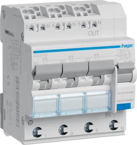 Actual product image Hager Helicopter 3 + N AC Switch B 10A 0.03A Type A 6kA Type RCBO (ADZ310D)