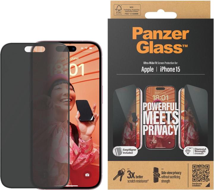 PanzerGlass Privacy Screen Protector Ultra-Wide Fit w. EasyAlig. (1 Stück, Apple iPhone 15)