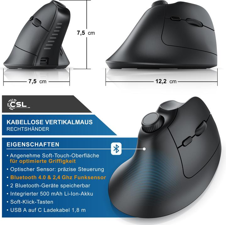 Immagine prodotto CSL Mouse verticale senza fili, 2,4 GHz wireless & BT4.0, 250 dpi, contro il braccio del mouse / gomito (Senza fili)