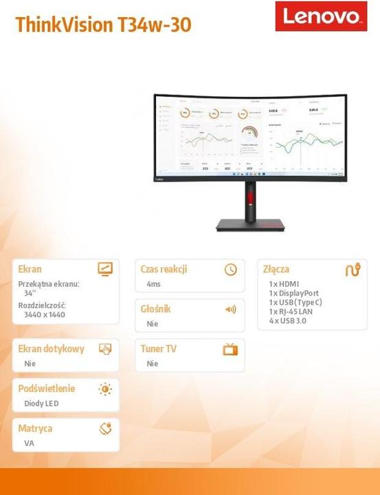 Produktbild Lenovo ThinkVision T34w-30 (3440 x 1440 Pixel, 34")