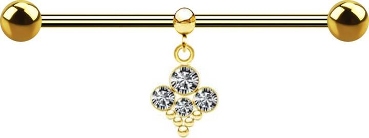 Produktbild Star Piercing Barbell vergoldet zwei Kugeln mit Kugel Ring Anhänger vier Kristalle silber mit fünf Kugeln (Chirurgenstahl 316L, ohne Messing)