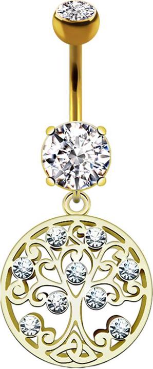 Image du produit Star Piercing Banane 14k plaqué or avec deux boules de cristal argent pendentif rond arbre vivant (Laiton, Acier chirurgical 316L)