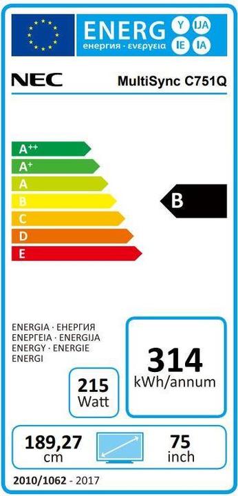 Energy Label NEC C751Q SST 75 IN TOUCH (3840 x 2160 Pixels, 75")