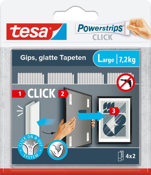 tesa Powerstrips CLICK - Velcro adhesive pads - Hanging pictures without drilling - Large 7.2kg - 4 x 2 (7.20 kg)
