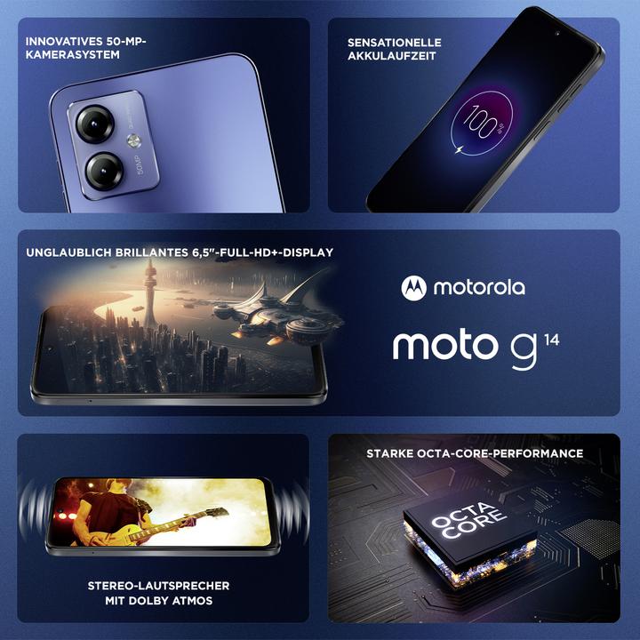 Produktbild Motorola Moto G14 (128 GB, Sky Blue, 6.50", Dual SIM, 50 Mpx, 4G)