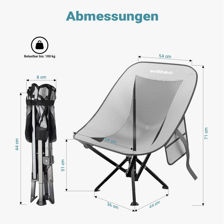 Immagine prodotto Wiltec Sedia da campeggio pieghevole grigio nero 100kg Sedia pieghevole Sedia da pesca