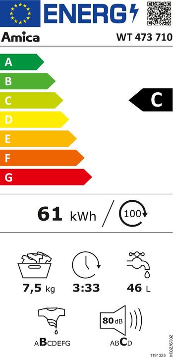 Energy Label Amica Top Loader Washing Machine WT 473 710 Capacity 7.5 kg 1300 rpm (7.50 kg, Downwards)