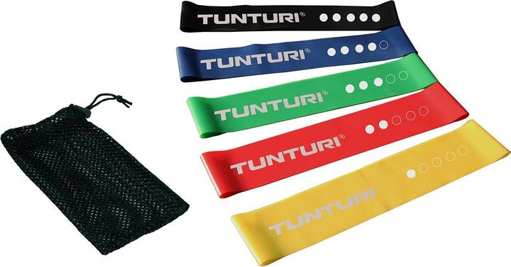 Produktbild Tunturi Mini Resistance Band Set 5 Stück - 5 Gummi Gymnastikbänder mit Netztasche (0.50 m, Extra Leicht, Leicht, Mittel, Stark, Extra Stark)