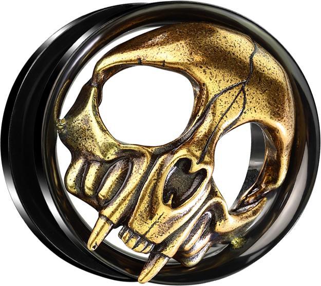 Actual product image Star Piercing Flesh Tunnel black with golden skull (Surgical steel 316L, without brass)