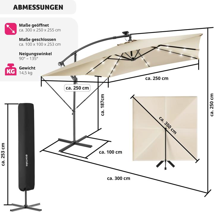 Produktbild tectake Sonnenschirm Sunna LED-Solar mit Kurbel 2,5 x 2,5 m (2.50 m)
