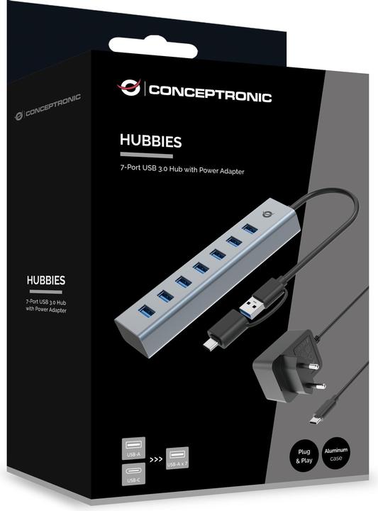 Produktbild Conceptronic USB-Hub 7-Port 3.0 ->7x3.0 5Gbps ink PW.Adapter (USB-A, 7 Ports)