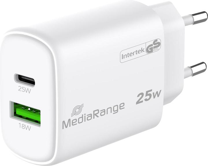 Actual product image MediaRange Dual fast charging adapter, GaN, 1x USB-C and USB-A, PD & QC, 25 watts, set of 2 (25 W)