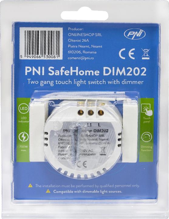Produktbild PNI Doppelschalter mit Touch und Dimmer SafeHome DIM202, 2X700W, Live Wire, ohne Null, Glas
