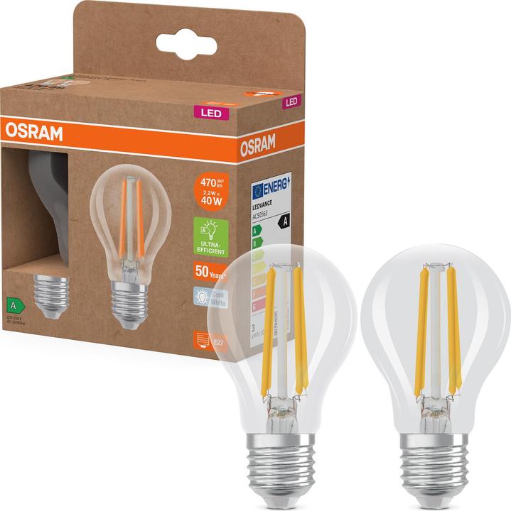 Image du produit Osram LED LAMPS ENERGY CLASS A ENERGY EFFICIENCY FILAMENT CLASSIC A 2.2W 840 Clear E27 (E27, 2.20 W, 470 lm, 6 x, A)