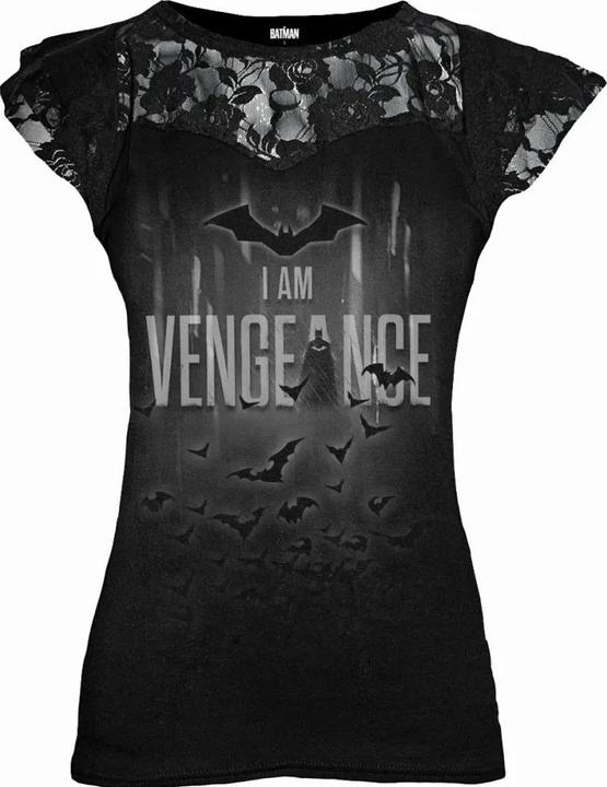 Actual product image Spiral Womens/Ladies I Am Vengeance Batman Lace Detail Capped Sleeved T-Shirt (L)