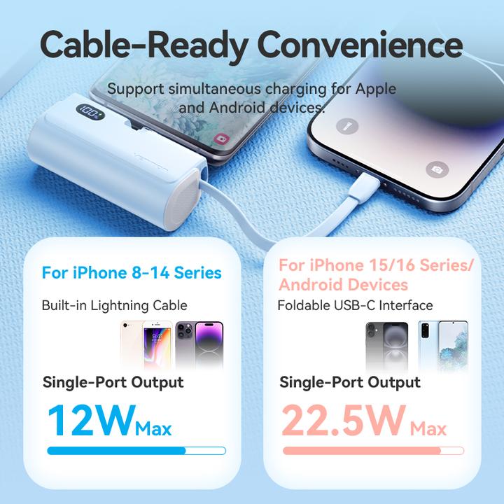 Actual product image Vention LED Display 4800mAh Power Bank (USB-C + Lightning + USB-C) 22.5W Blue Foldable USB-C Type (4800 mAh, 22.50 W, 22.50 Wh)