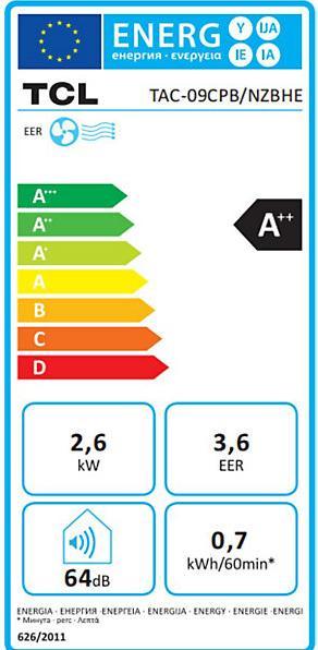 Label énergétique EMZ Climatiseur mobile 9000 BTU, 2,6 kW, A++, appareil 3-en-1, noir. (26 m², 8871.57 BTU/h)