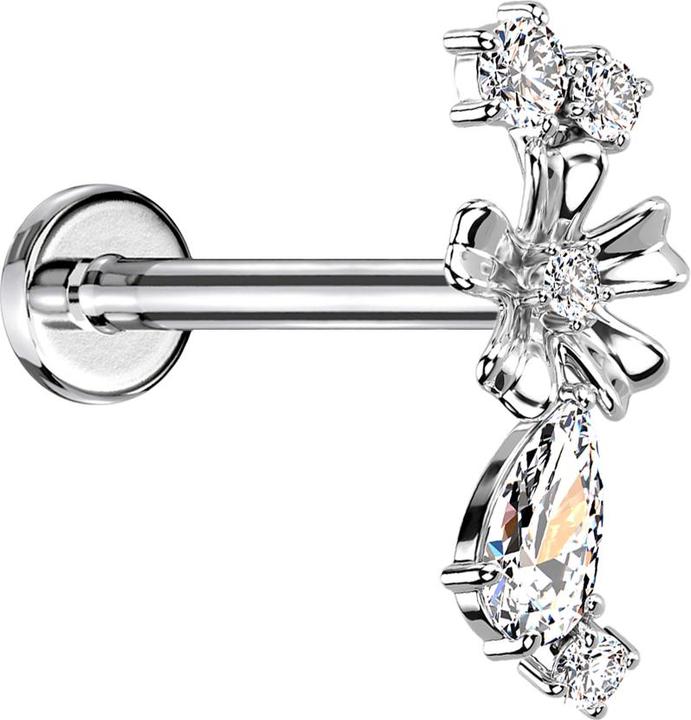 Produktbild Star Piercing Micro Labret Innengewinde silber Blume vier Kristalle und Kristalltopfen silber (Messing, Chirurgenstahl 316L)