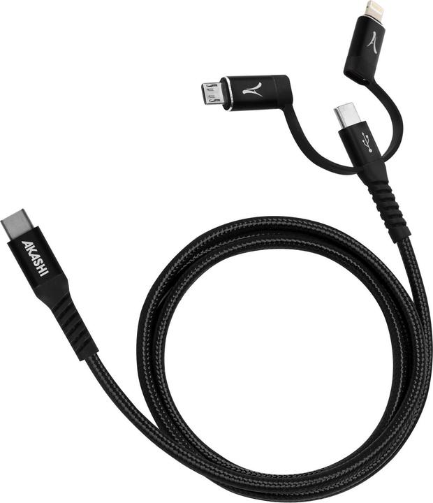 Produktbild Akashi 3-in-1 3A Lade- und Synchro-Kabel, Länge 1m, - Schwarz (0.10 m, USB 3.2 Gen 1)