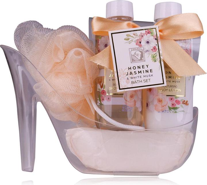 Accentra Badeset HONEY JASMINE in Plastikschuh, inkl. 160ml Duschgel, 160ml Bodylotion, 15g Netzschwamm, Duft (Körperpflegeset, Haarpflege set)
