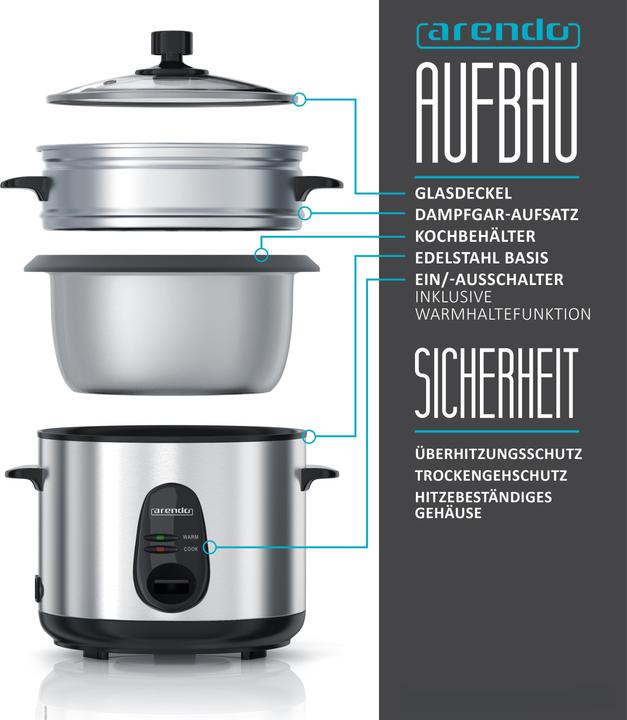 Actual product image Arendo Rice cooker 1l, 400 W, steam cooking insert, keep warm function, steamer, heat protection, with