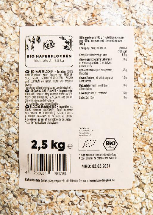 Nutritional values and ingredients KoRo Organic oat flakes (2500 g)