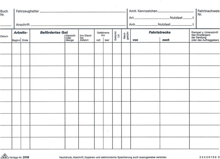 Valori nutrizionali e ingredienti Rnk Registro dell'editore, camion con consumo di carburante Modulo 3116 (25 x)