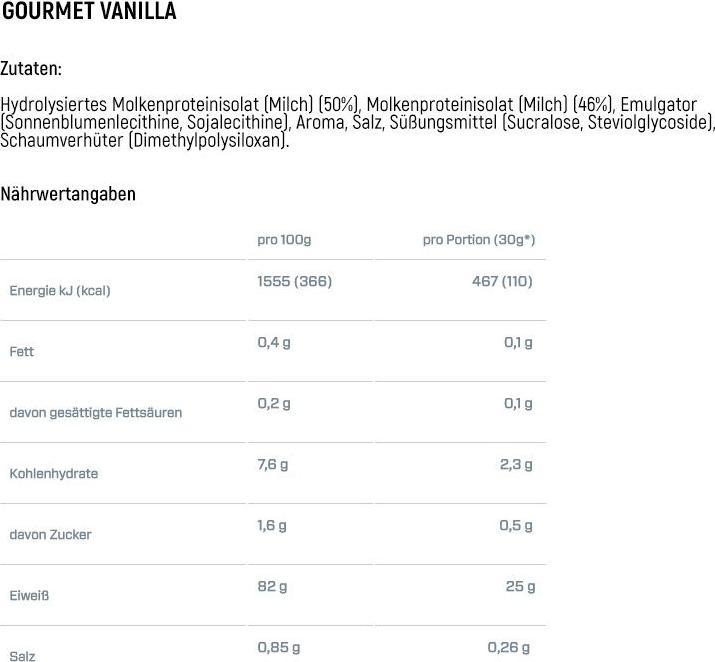 Nährwerte und Zutaten Dymatize ISO 100 Hydrolyzed (Vanille, 1 Stk., 932 g)