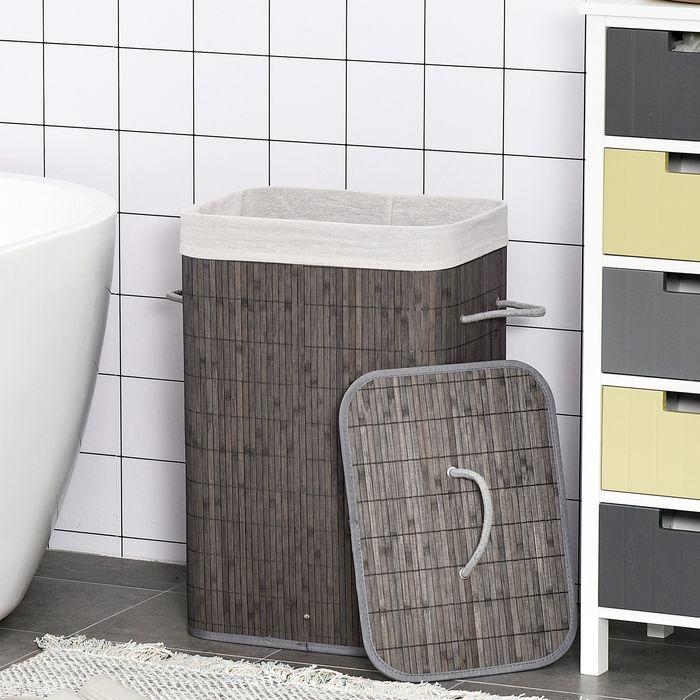Actual product image Swisshandel24 Bambus Wäschekorb schmal mit Deckel 83L Wäschesammler mit Griffen Grau (83 l)
