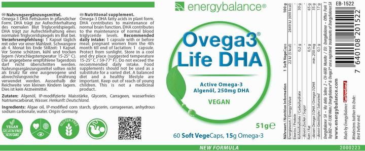 Valeurs nutritives et ingrédients Energybalance Ovega3 life DHA Huile d'algues en capsules (60 pièce(s), Capsules, 51 g)