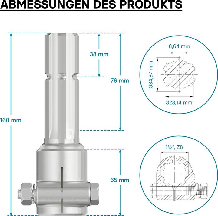 Image du produit Wiltec Manchon Prise de force Cardan 160mm Logement pour arbre cannelé 8-32x38x6 Sortie 1 3/8" 6D Trac (Accessoires pour tracteurs)