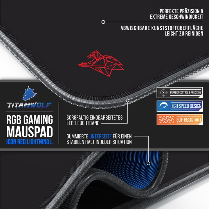 Produktbild Titanwolf RGB Gaming Mauspad, Mausmatte 900 x 400 mm, verbessert Präzision & Geschwindigkeit, Icon rot (XL)