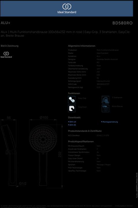 Image du produit Ideal Standard Douchette à main 2 fonctions Alu+ Diamètre : 100mm (2 Types de jets, 8 l/min)