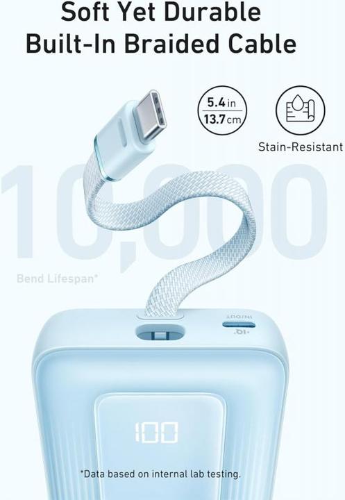 Image du produit Anker - Power Bank Zolo (A1688031) - Type-C, USB, 10000mAh, 30W, avec câble Type-C - Bleu clair (10000 mAh, 30 W)
