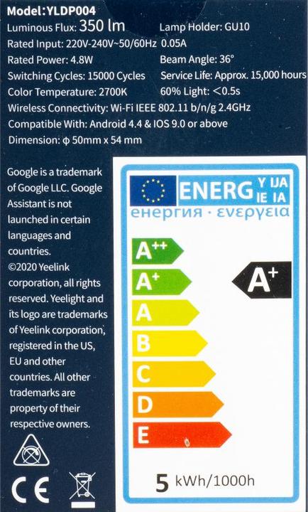 Energy Label Yeelight LED lamp (GU10, 4.80 W, 350 lm, 1 x, G)