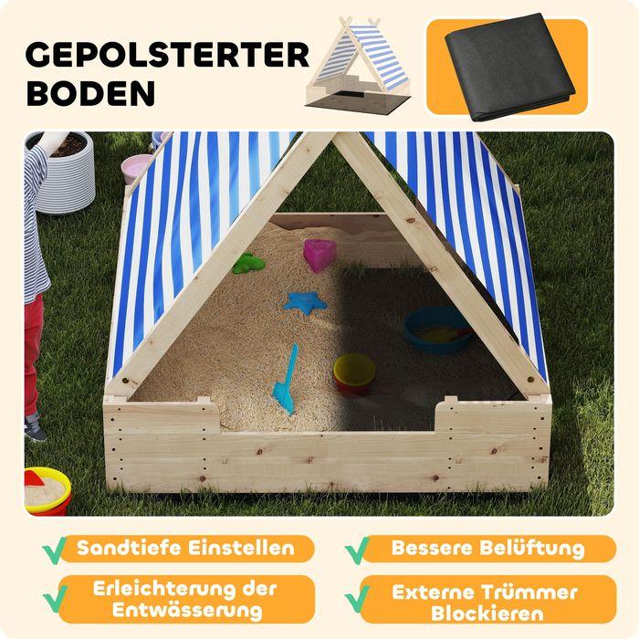 Produktbild Swisshandel24 Sandkasten mit Zeltdach, 120 x 120 cm Sandkiste aus Holz mit Bodenplane Natur