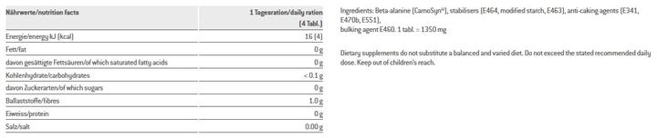 Valori nutrizionali e ingredienti Sponser Beta Alanina (1 Pezzo/i, Pillole, 189 g)