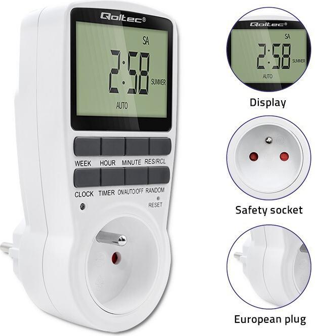 Image du produit Qoltec Elektroniczny programator czasowy PC0628 | 3680W | 16A | LCD